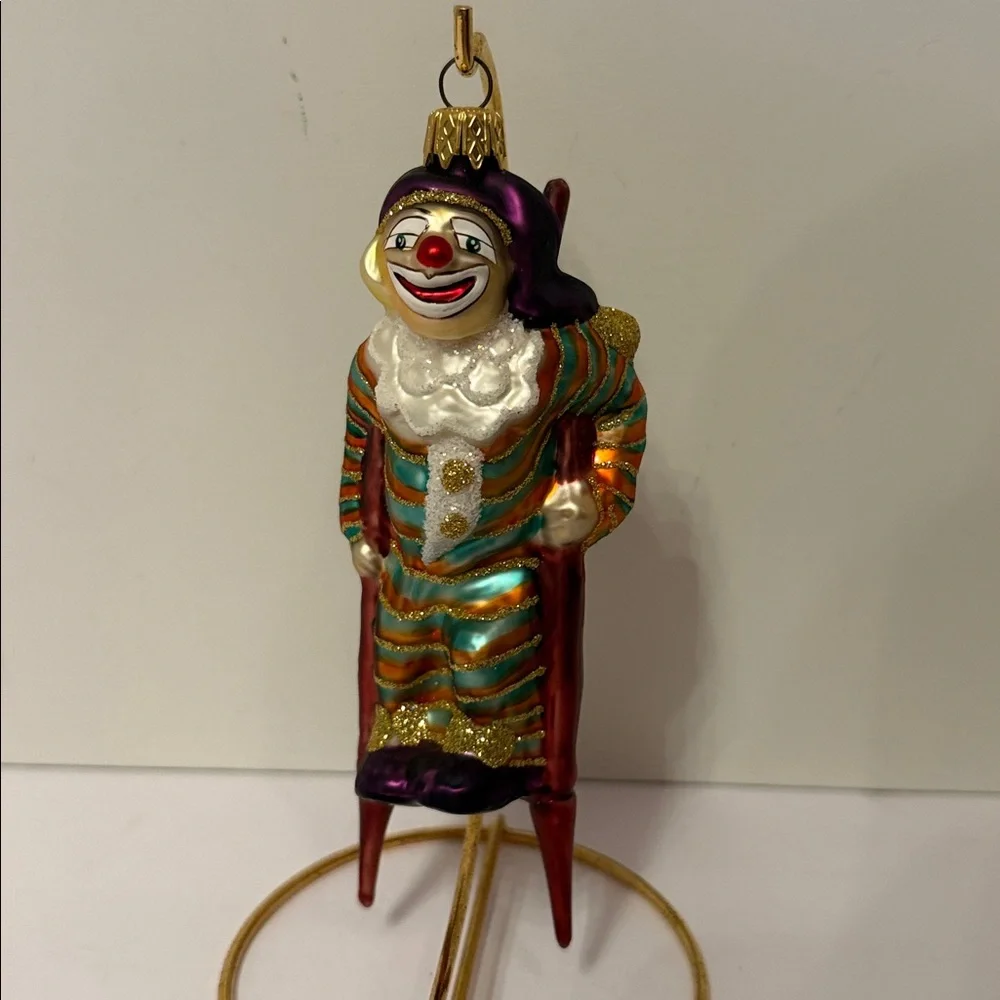 GERMAN HAMBURGER WEIHNACHTSKONTOR GLASS HOLIDAY ORNAMENT CLOWN ON STILTS MULTI